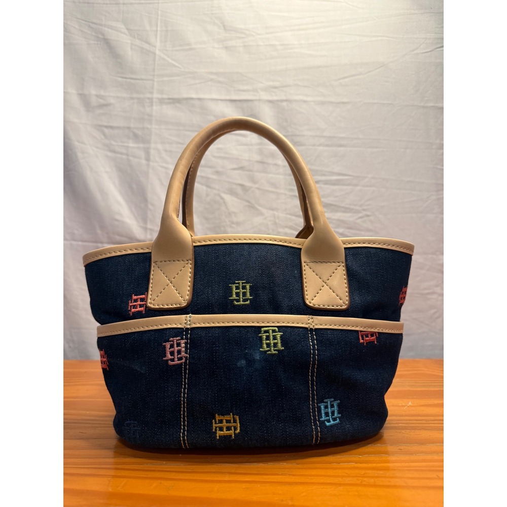 Tommy Hilfiger Denim Mini Tote Bag Embroidered Monogram Tan Trim Y2K Preppy
